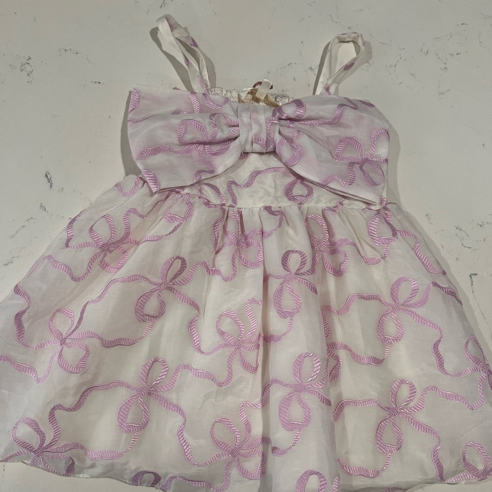 LoveShackFancy Girls White Dress with Pink Bow Embroidery
